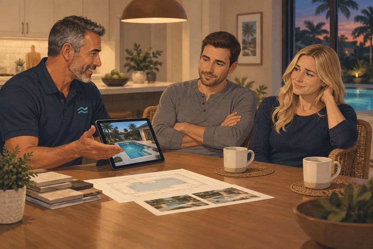 A pool builder showing pool designs on a tablet to a couple at their kitchen table.