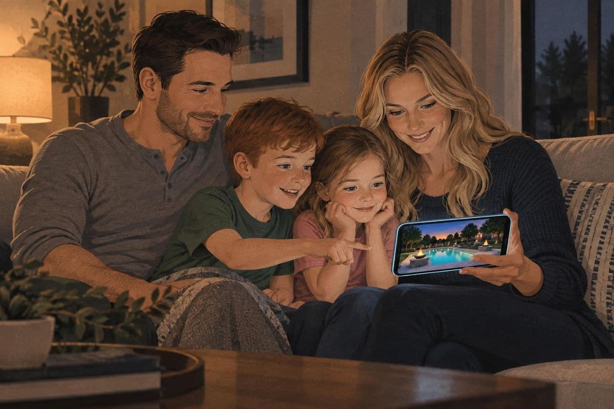 A family on the couch watching a pool design video on a phone, the children leaning in to point at the screen.