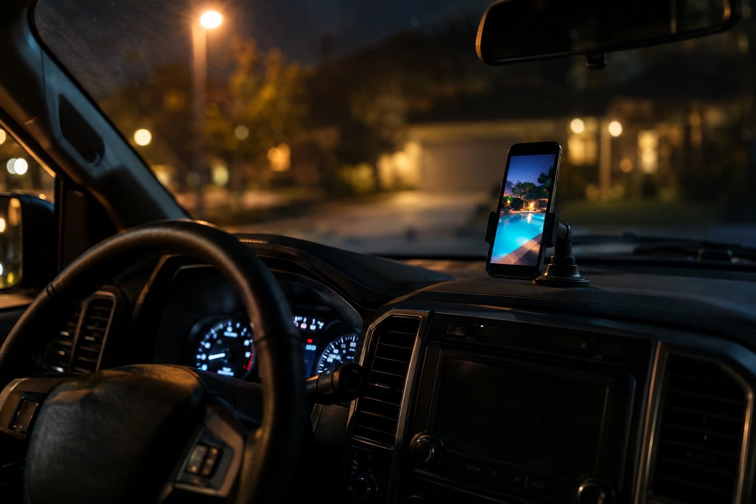 Illustration: a pickup cab at night in a suburban street, a phone on the dash showing a lit pool at dusk. Send it the same night.