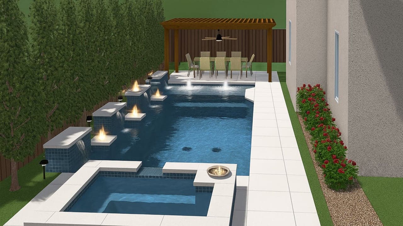 A 3D pool render exported from design software. The design goes in exactly like this.