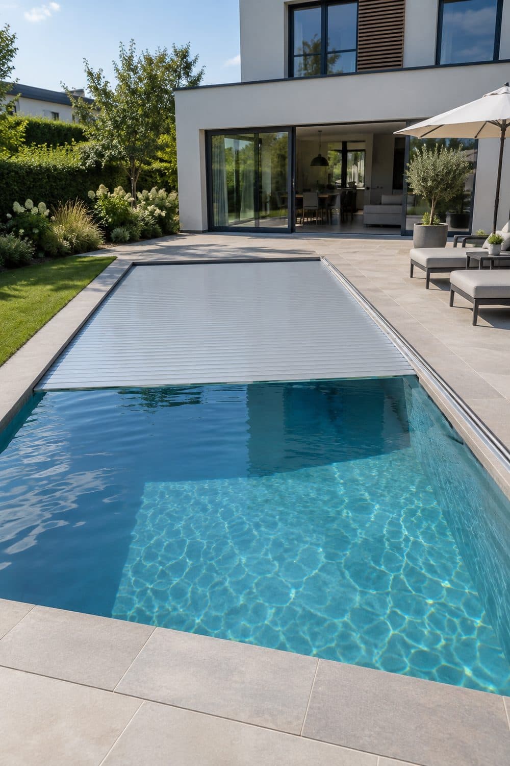 AI concept image: a backyard pool half covered by a flush slatted automatic cover with neat coping