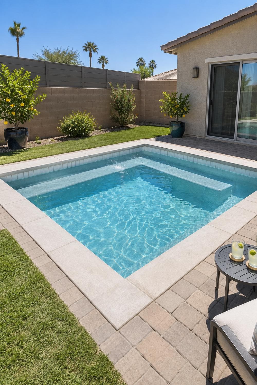 AI concept image: a small backyard cocktail pool with a built in bench seat and a drink ledge at the edge, in a compact yard