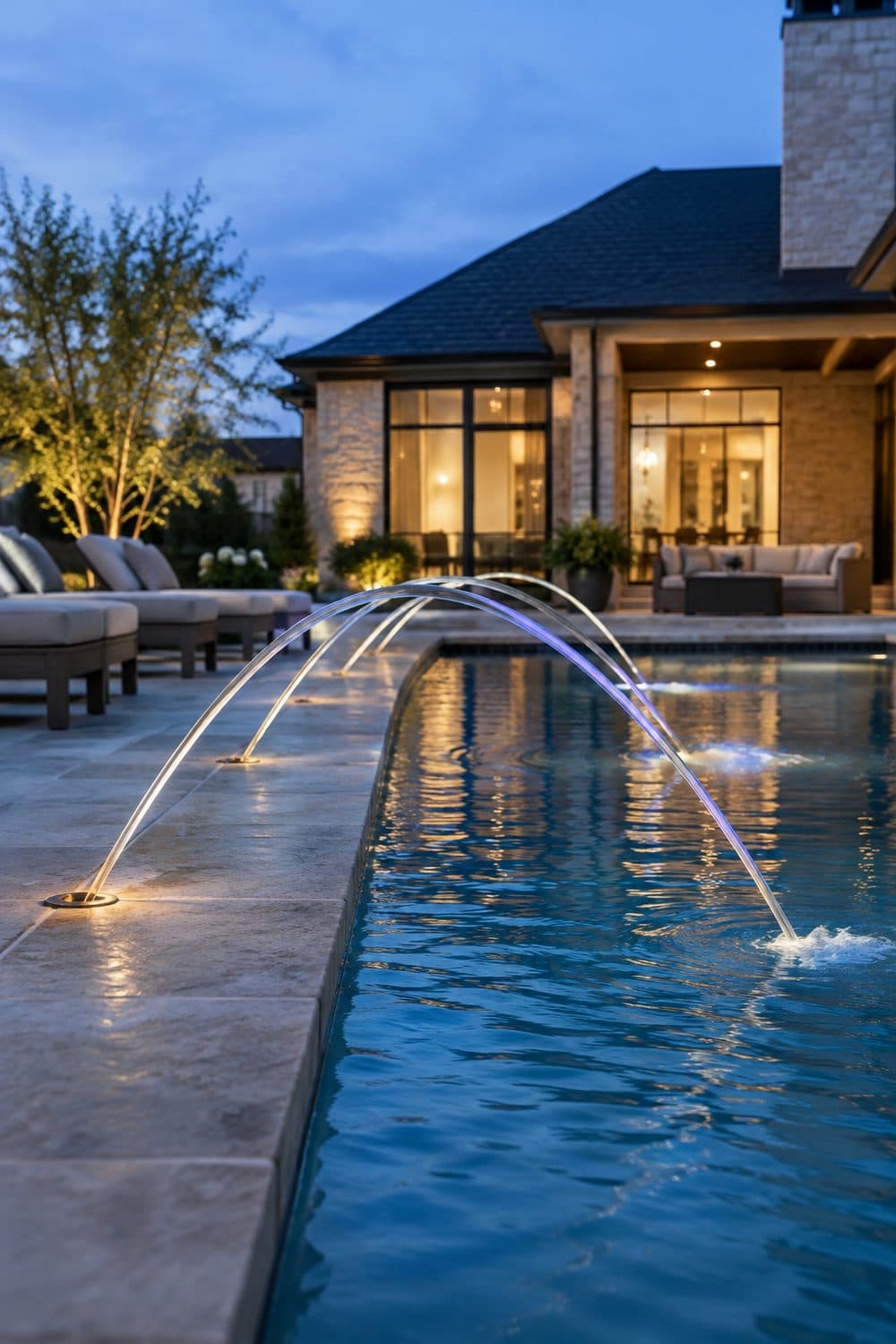 AI concept image: arcs of water leaping from deck jets into a backyard pool at dusk