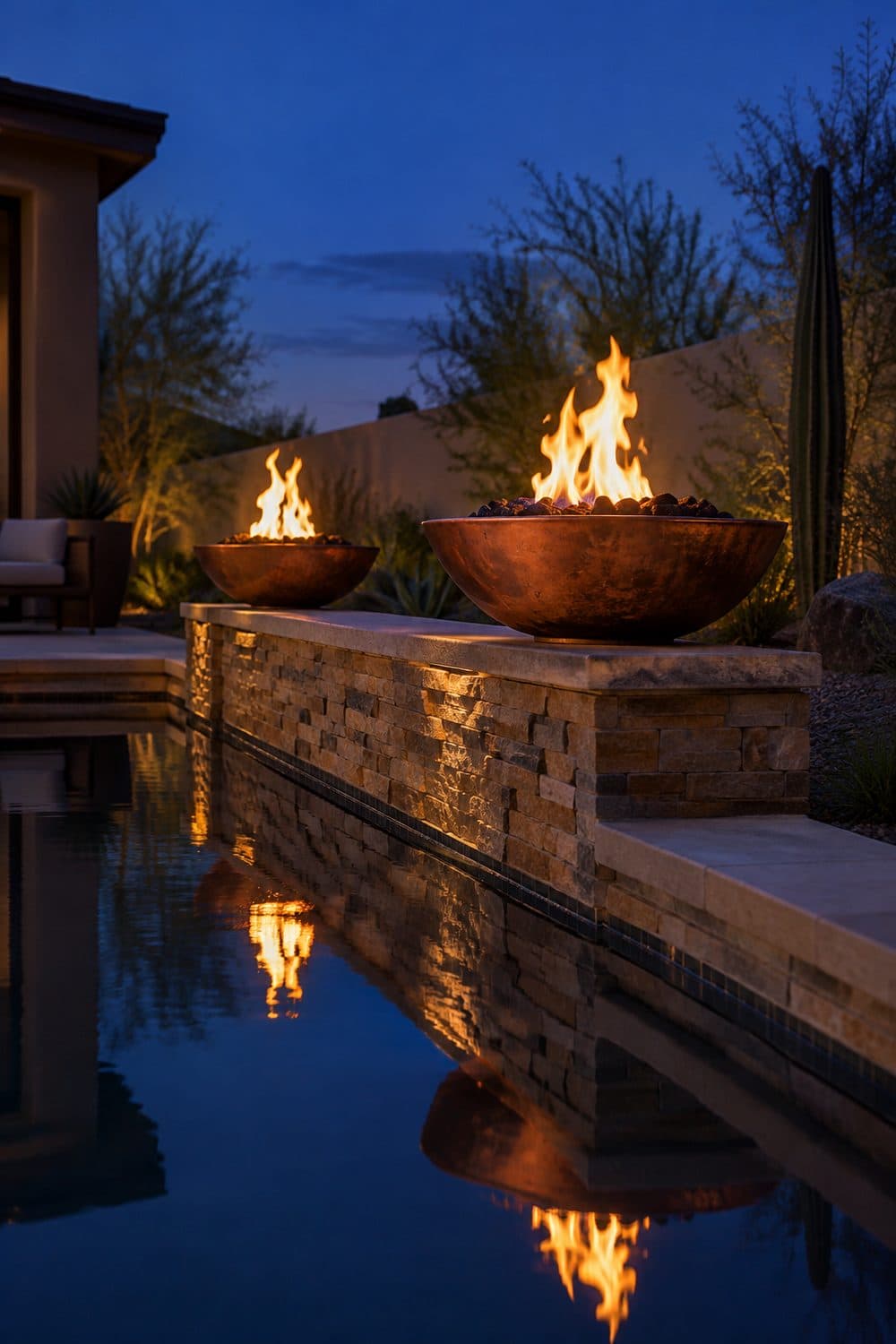 AI concept image: copper fire bowls on a raised stone wall beside still pool water at twilight