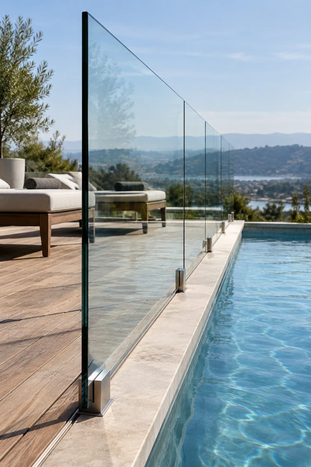 AI concept image: a frameless glass pool fence along a backyard pool with a hillside view at golden hour