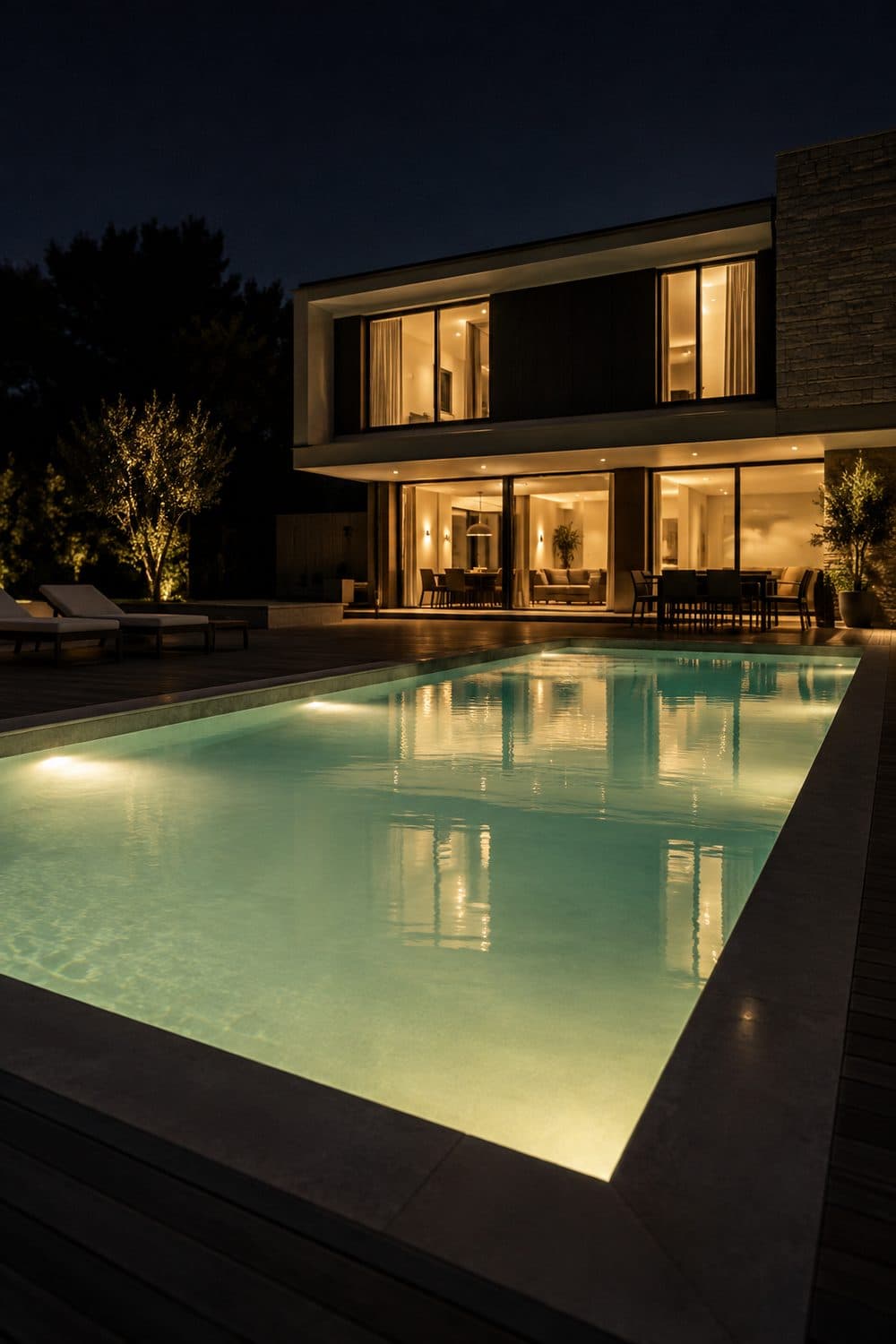 AI concept image: a modern house and a pool lit warm white at night, the water glowing from within