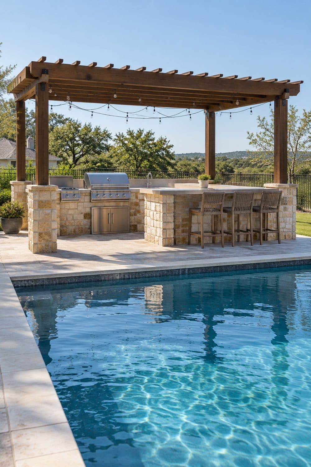 AI concept image: a built in outdoor kitchen with a grill and bar counter under a pergola, facing a backyard pool