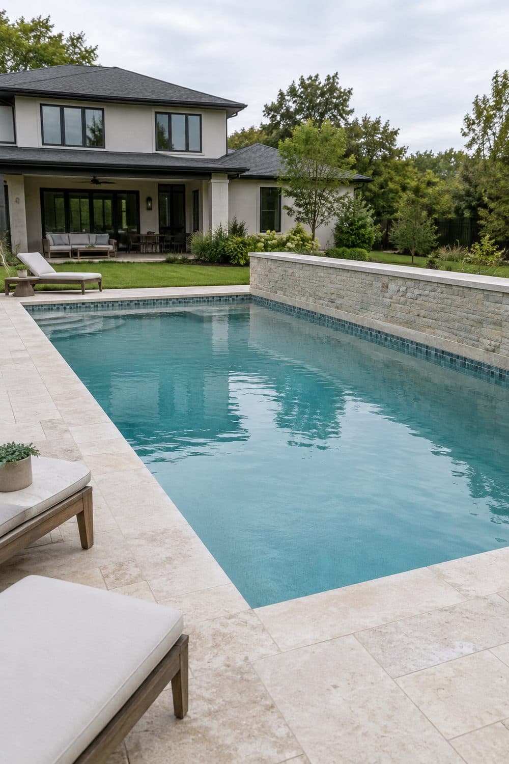 AI concept image: a plastered concrete pool with a raised stone wall and a tile band in mid morning light