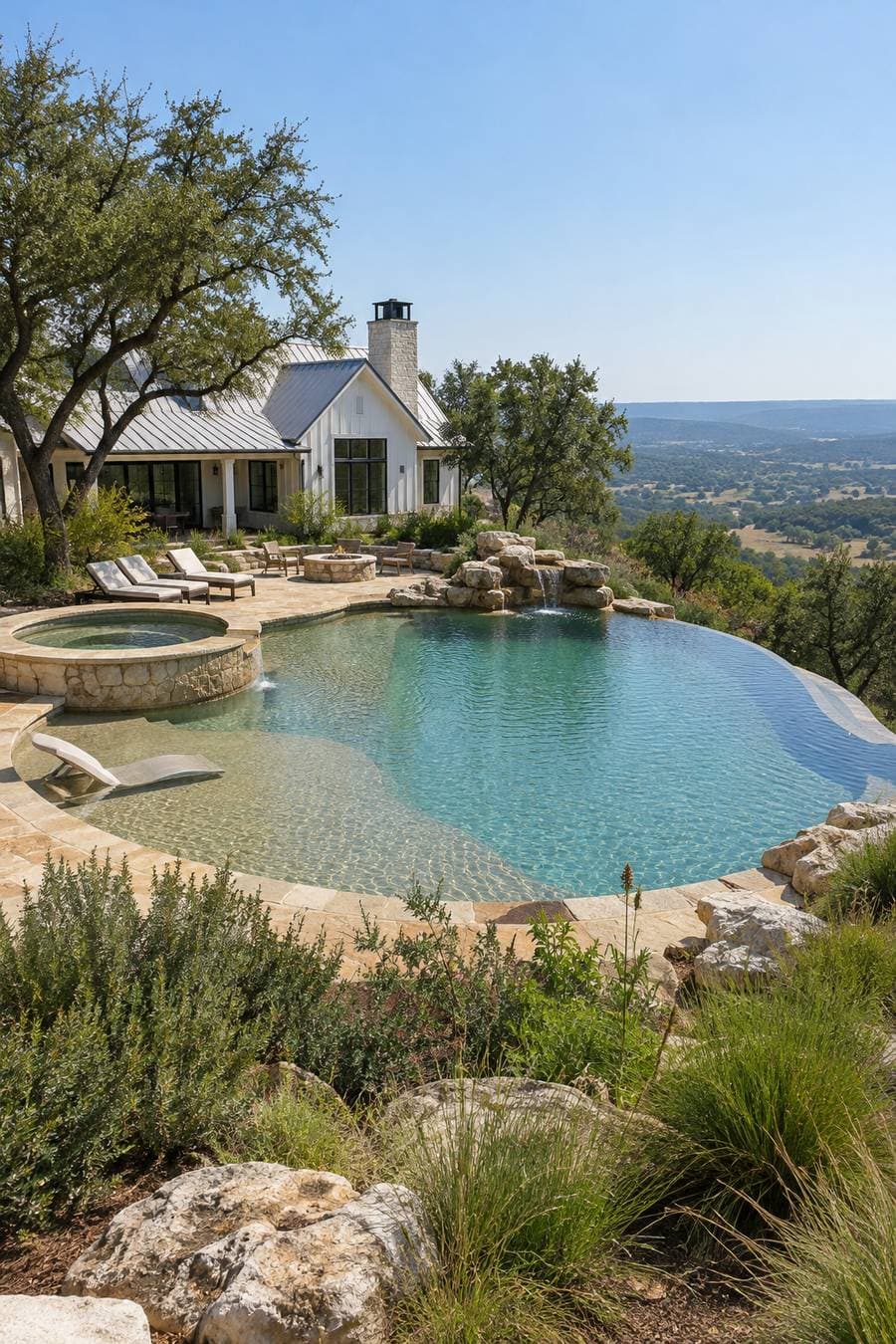 AI concept image: a hillside pool with a rock waterfall spilling into it, a spa beside it and a lounger on a shallow shelf
