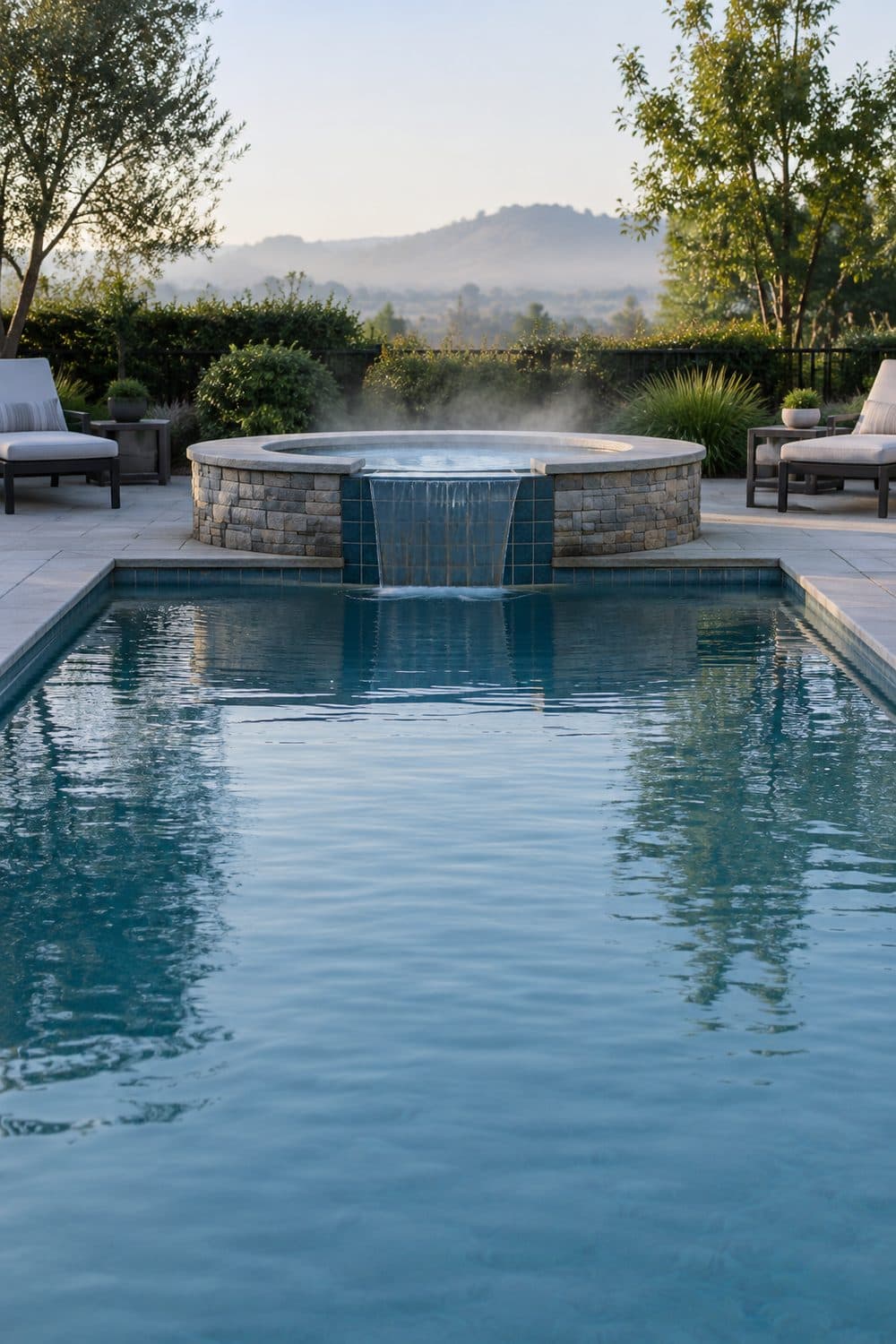 AI concept image: a backyard pool with a raised round stone spa spilling over a short spillway into the pool, steam rising in the evening