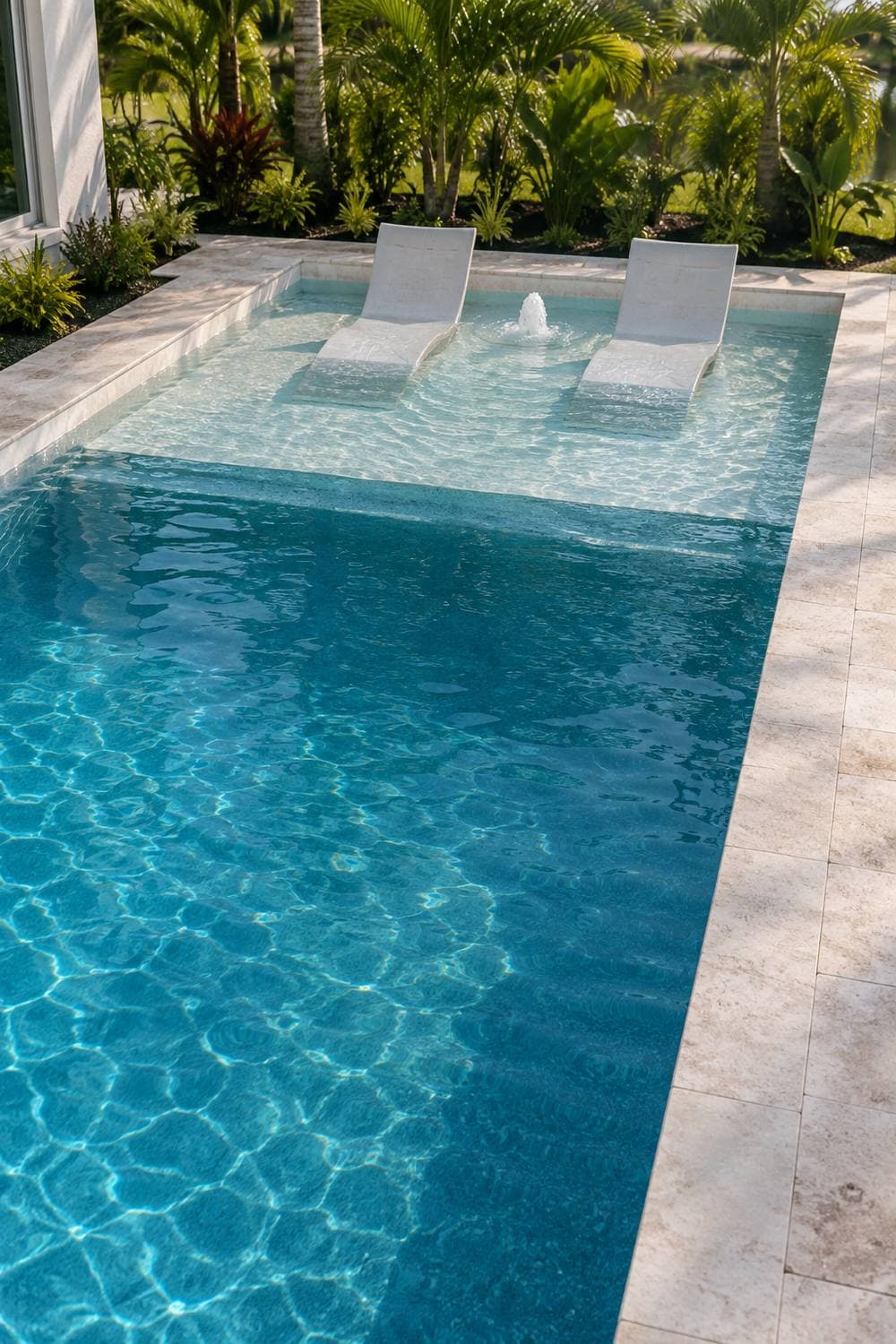 AI concept image: a pool with a wide shallow sun shelf holding two loungers, lighter water over the shelf and darker water beyond