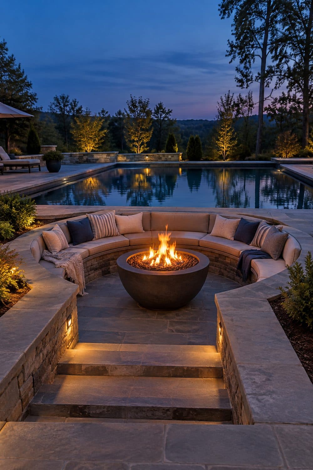 AI concept image: a sunken conversation pit with built in seating around a fire bowl beside a backyard pool at dusk
