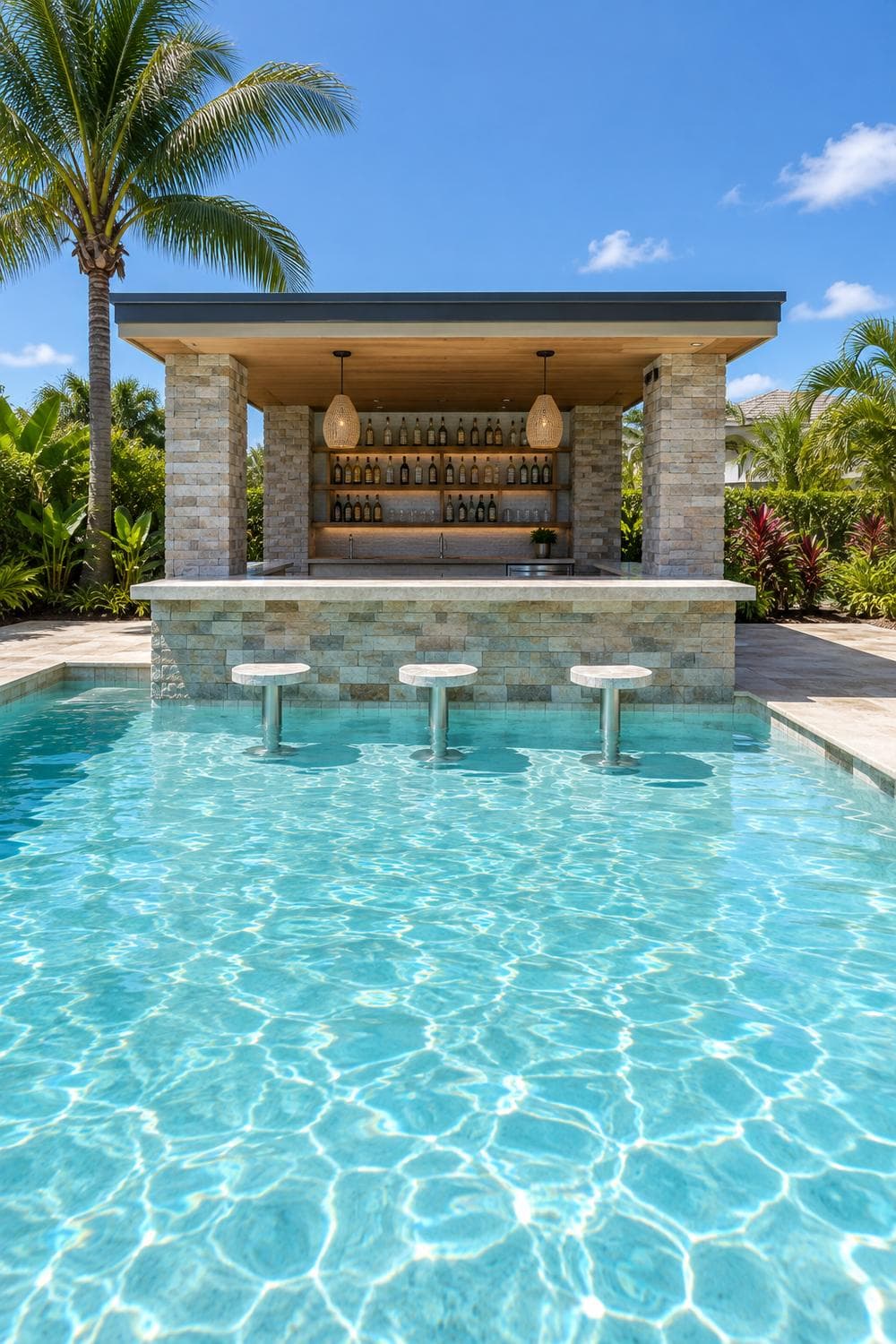 AI concept image: a backyard pool with a swim up bar, a stone counter at the pool wall with bar stools standing in the water