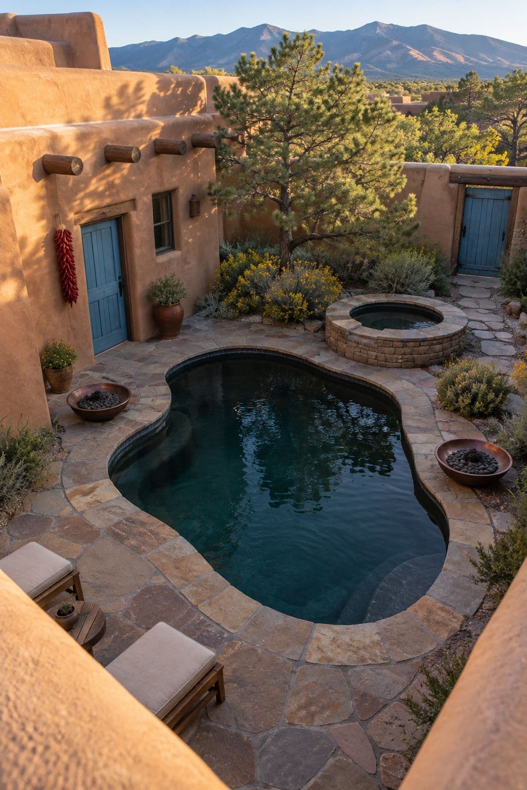 AI concept image of Adobe courtyard plunge pool in Santa Fe: a freeform pool with a hot tub.