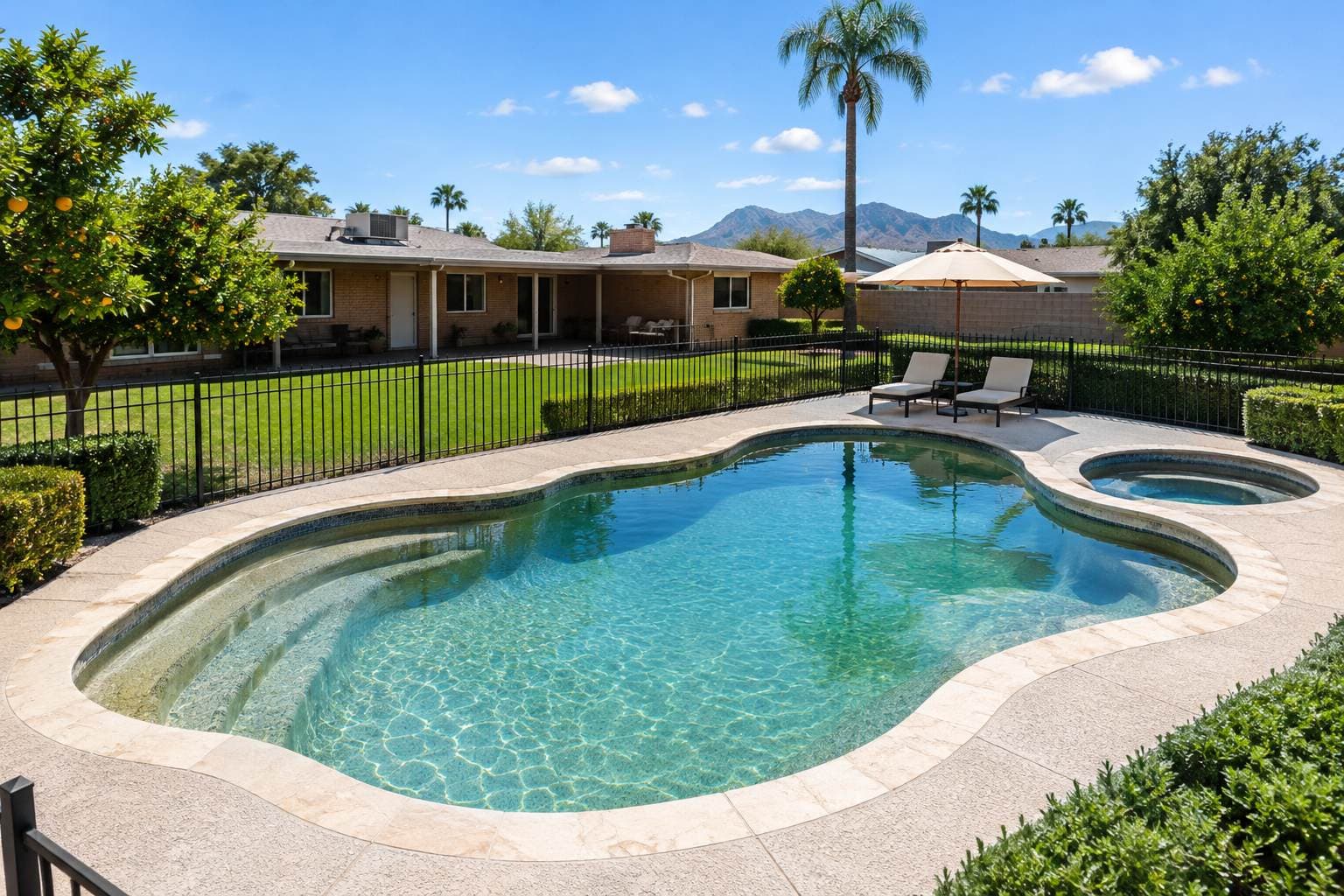Arcadia ranch pool under the citrus trees in Phoenix. AI concept image of Phoenix, AZ.