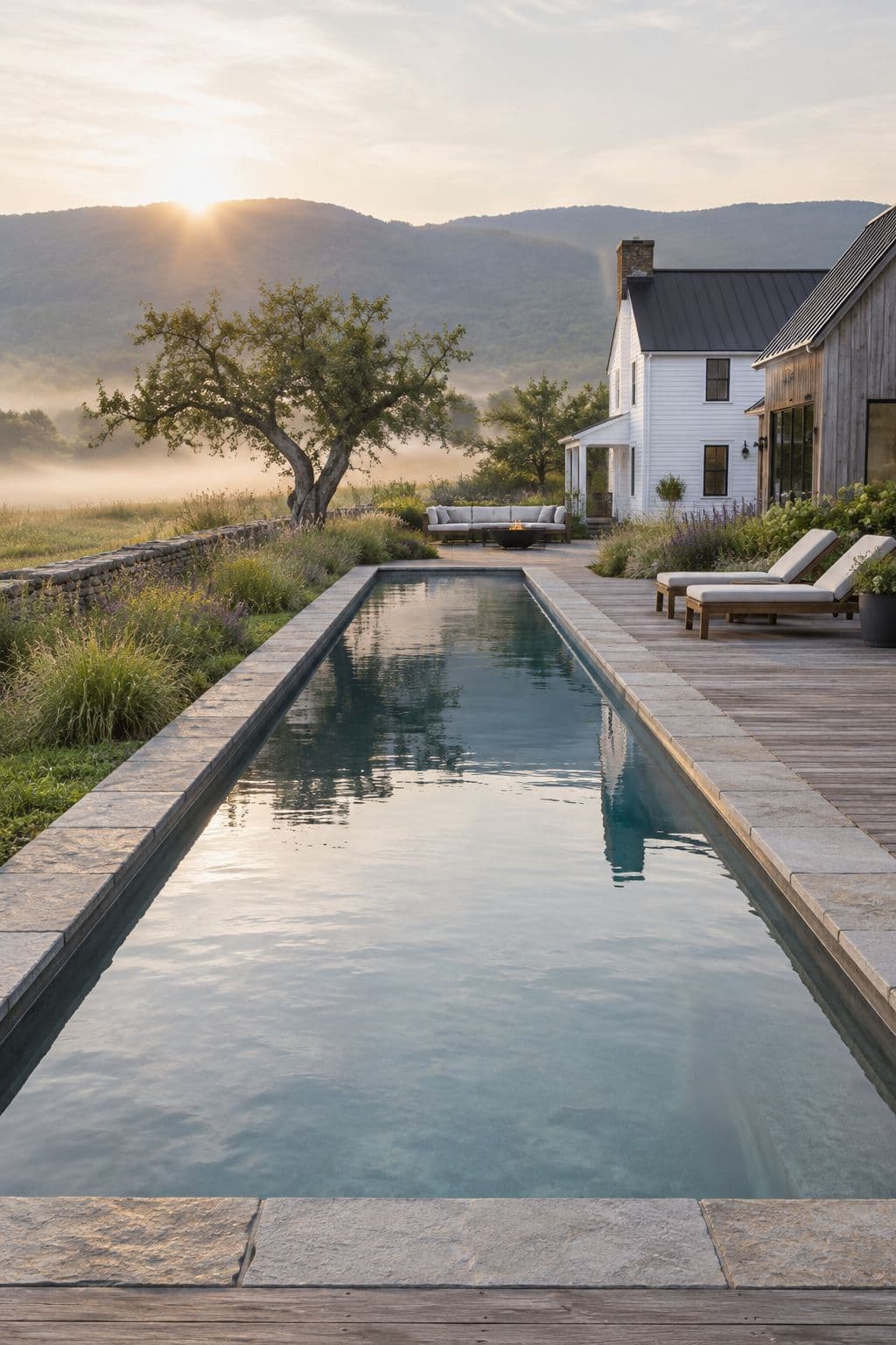AI concept image of Barn-style farmhouse pool in the Hudson Valley: a rectangular pool.