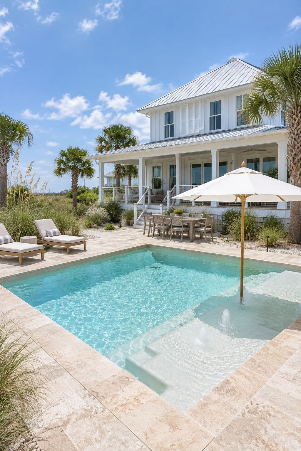 AI concept image of Beach cottage pool a block from 30A: a rectangular pool with a sun shelf.