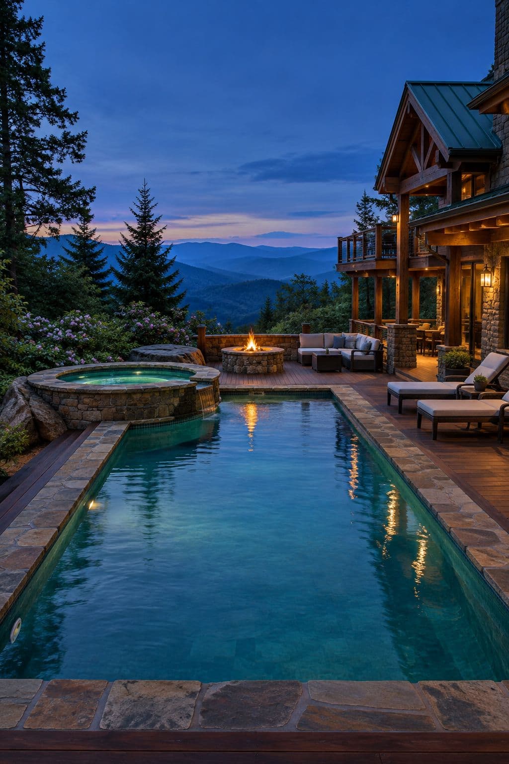 AI concept image of Blue Ridge mountain pool with a firepit in Asheville: a rectangular pool with a hot tub.