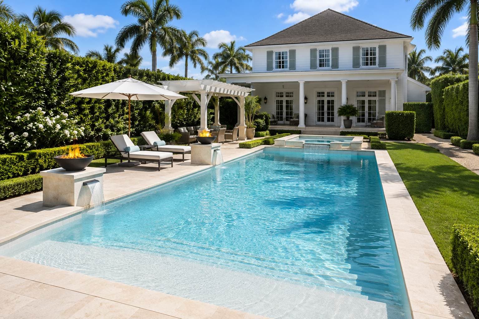 AI concept image of British colonial estate pool in Palm Beach: a rectangular pool with a hot tub and a sun shelf.