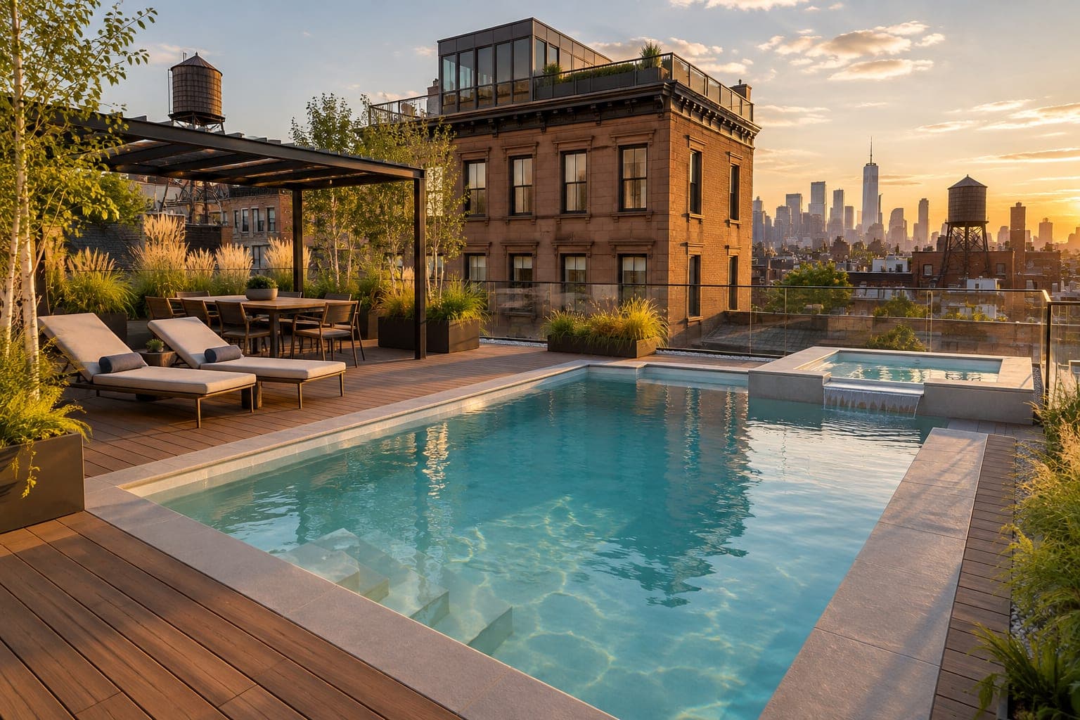Brownstone rooftop pool with a Manhattan view in Brooklyn: a contemporary yard in Brooklyn, NY, with a roof deck with planters of birch and ornamental grasses, wooden water tanks on neighboring roofs and the Manhattan skyline behind.