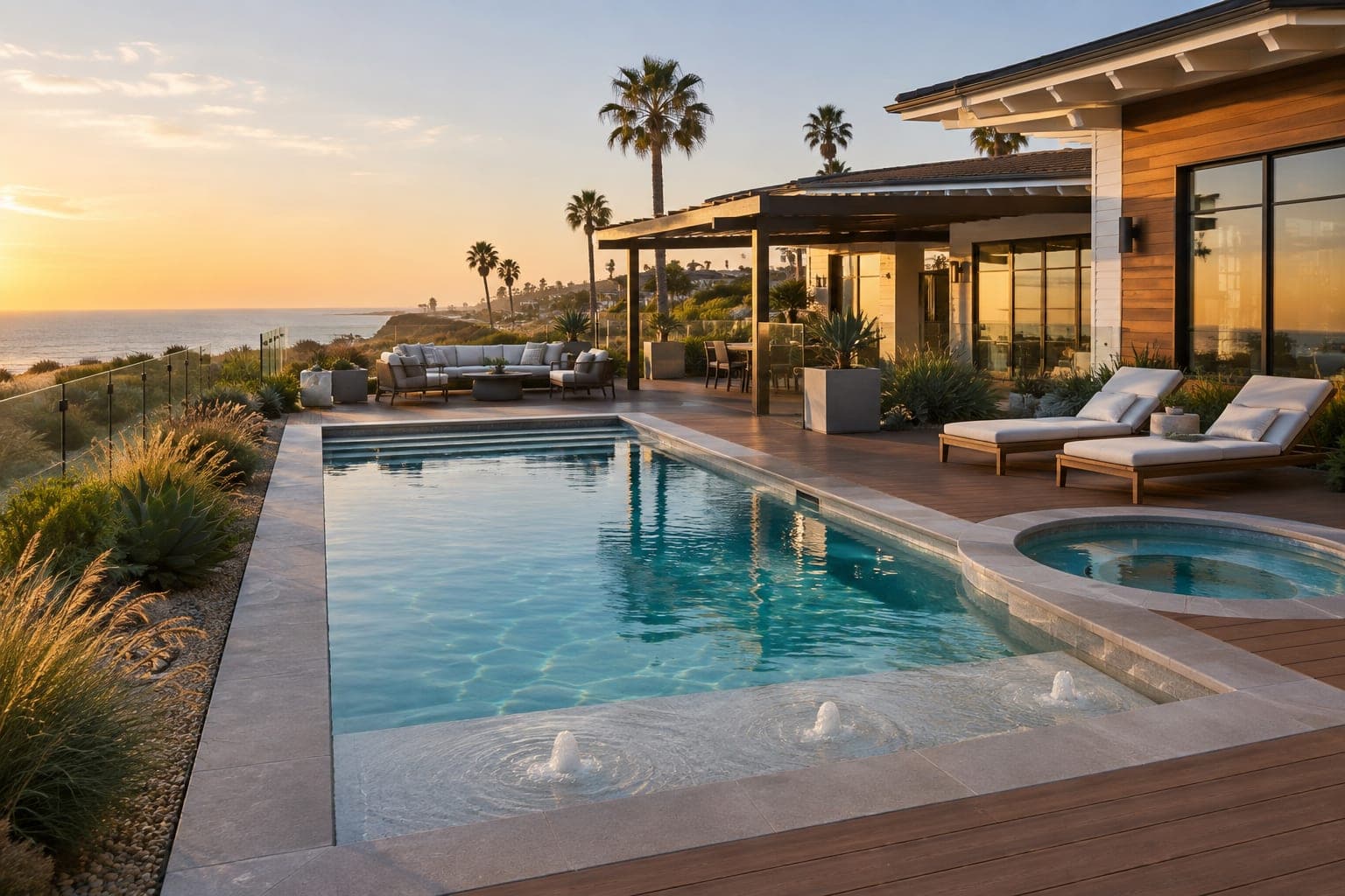 Coastal modern pool with an ocean view in Encinitas. AI concept image of Encinitas, CA.
