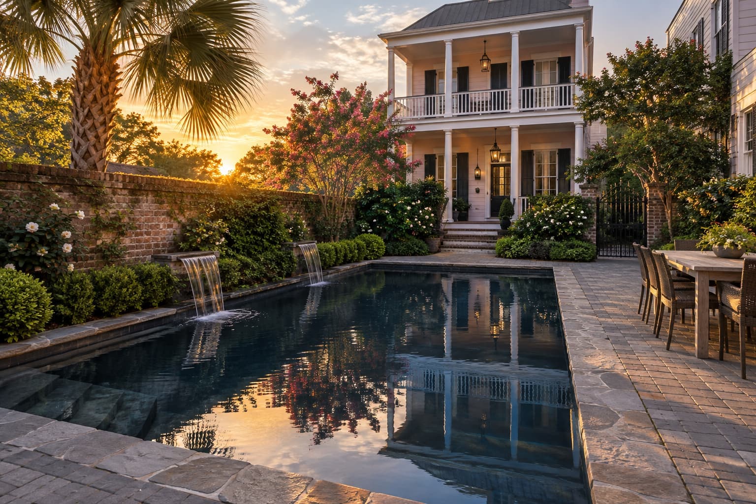 Courtyard plunge pool behind a Charleston single house: a Colonial yard in Charleston, SC, with a walled brick courtyard with a palmetto, crape myrtle, camellias, ivy, boxwood and an iron gate.