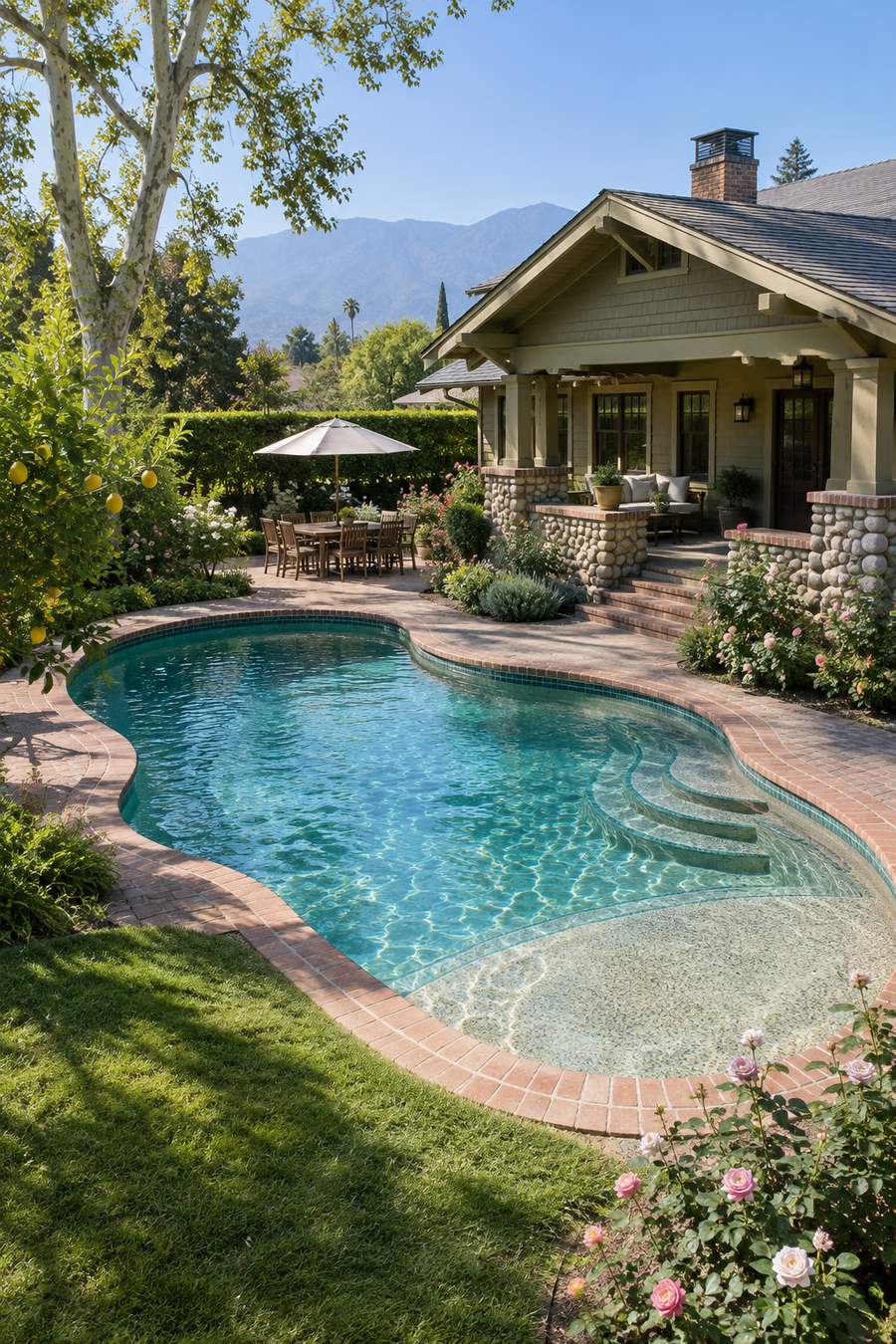 AI concept image of Craftsman backyard pool in Pasadena: a freeform pool with a sun shelf.