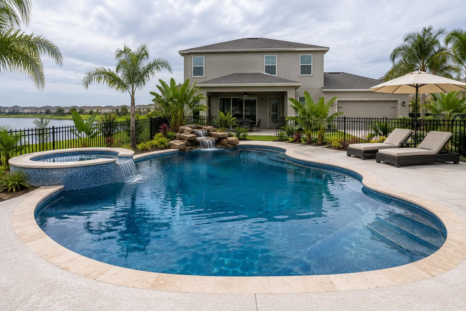 AI concept image of Family lagoon pool in a new Orlando subdivision: a freeform pool with a hot tub and a sun shelf.