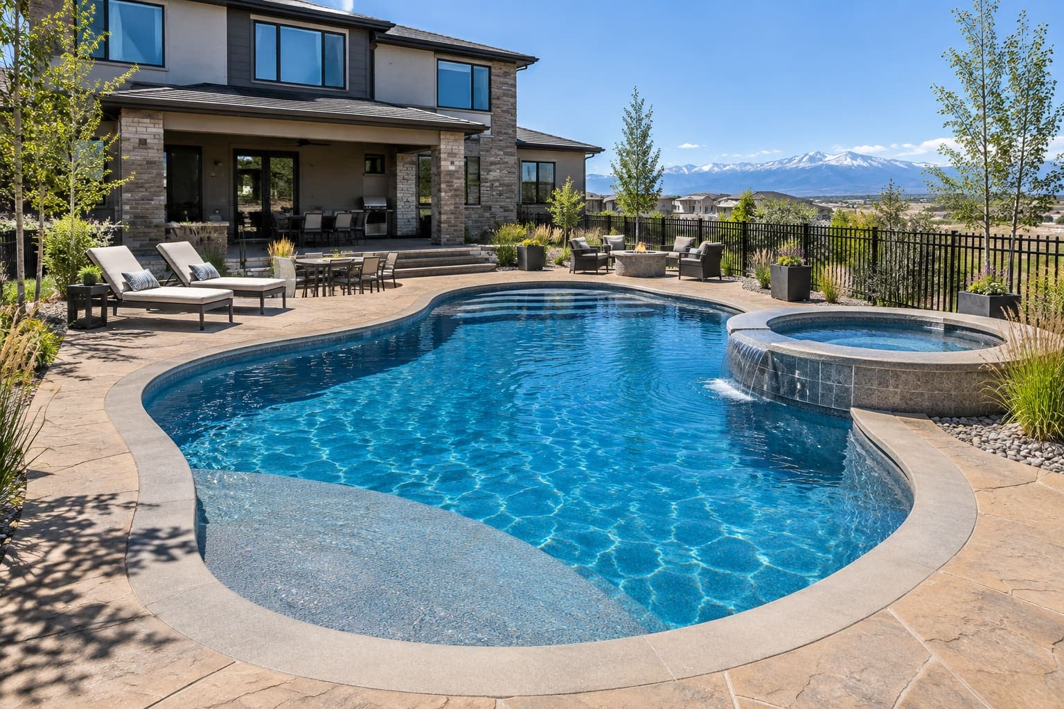 Family pool with mountain views in a Parker subdivision: a contemporary yard in Parker, CO, with a young backyard with native grasses, a few aspens, a wood fence and the snowy Front Range on the horizon.