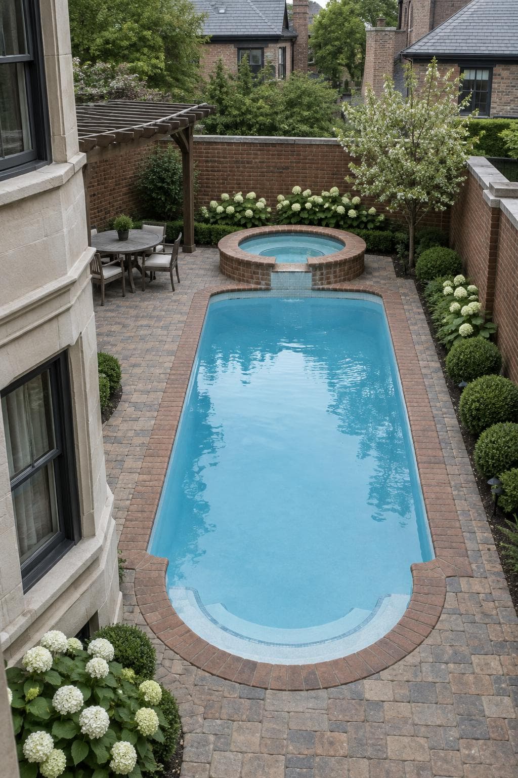 AI concept image of Greystone courtyard pool in Lincoln Park, Chicago: a Roman-end pool with a hot tub.