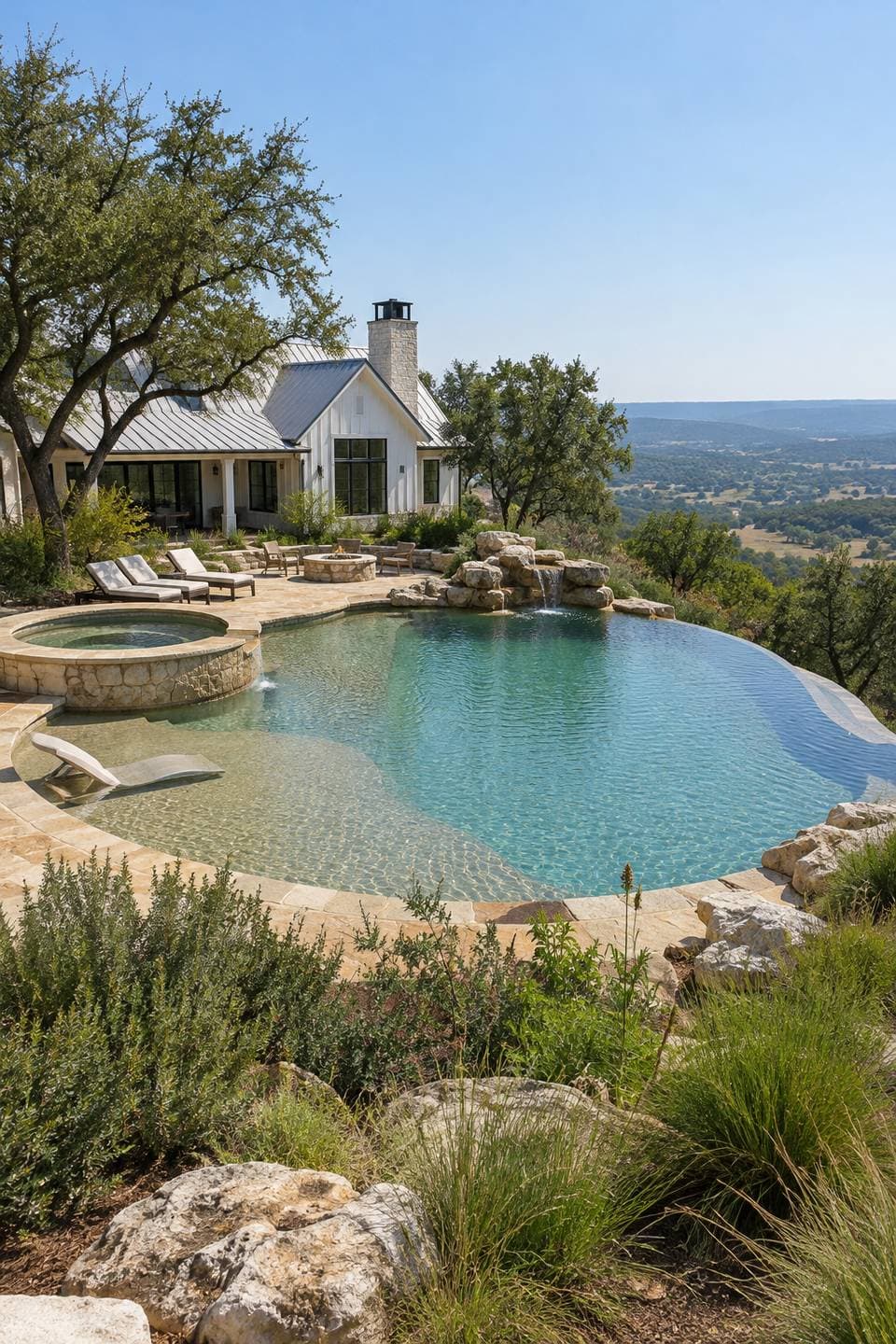 AI concept image of Hill Country hillside pool in Dripping Springs: a freeform pool with a hot tub and a vanishing edge.