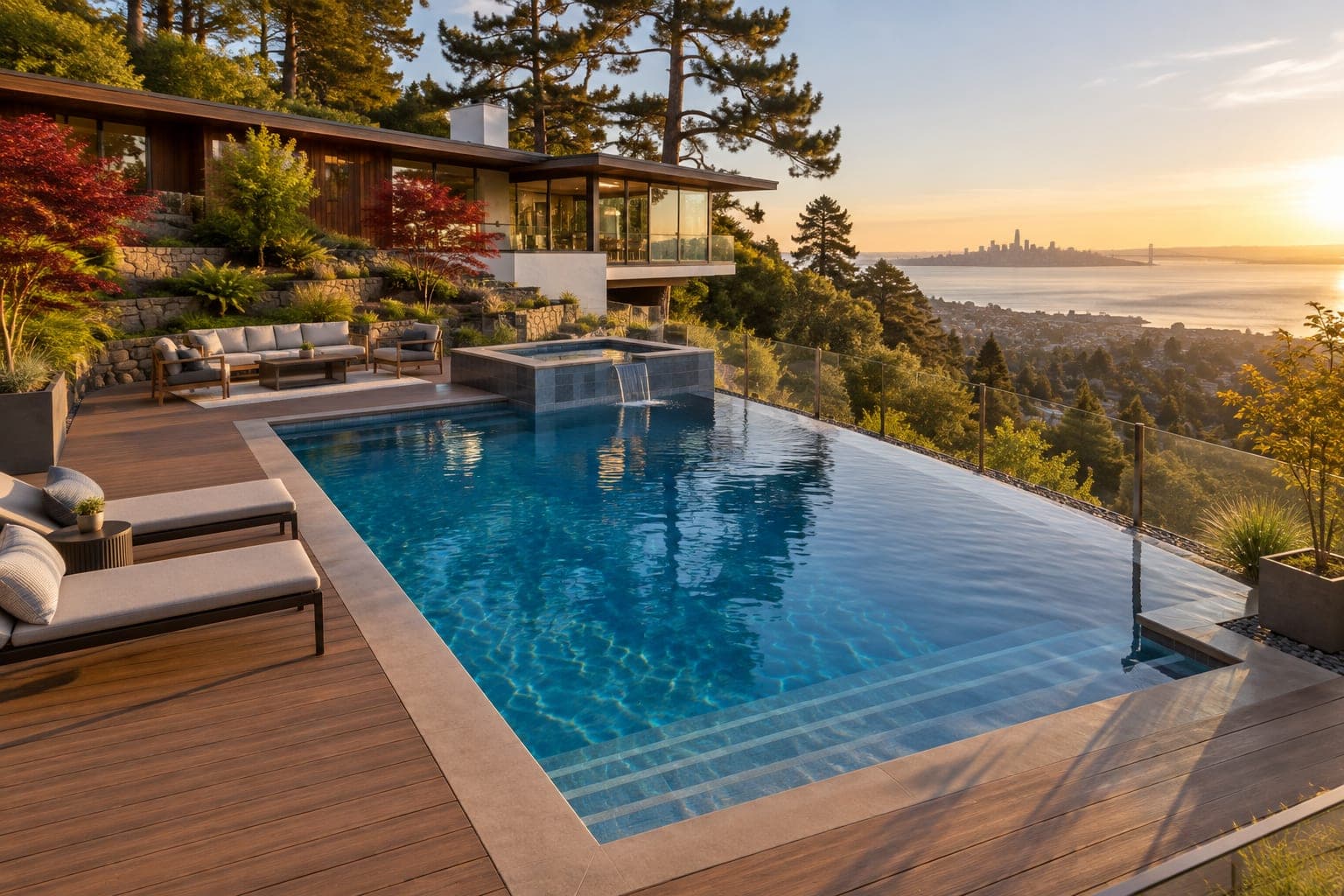 Hillside vanishing edge pool in the Oakland Hills: a mid-century modern yard in Oakland, CA, with a terraced hillside with Monterey pines, Japanese maples, ferns, a stone retaining wall and a view of San Francisco Bay.
