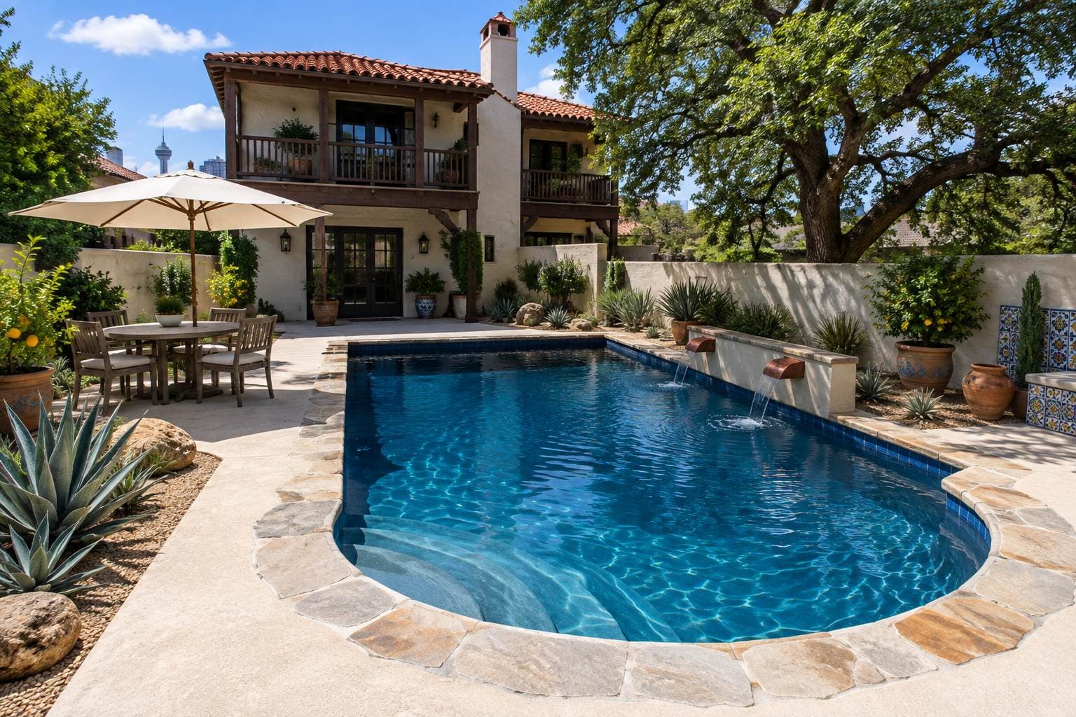 Spanish courtyard pool in San Antonio's King William. AI concept image of San Antonio, TX.