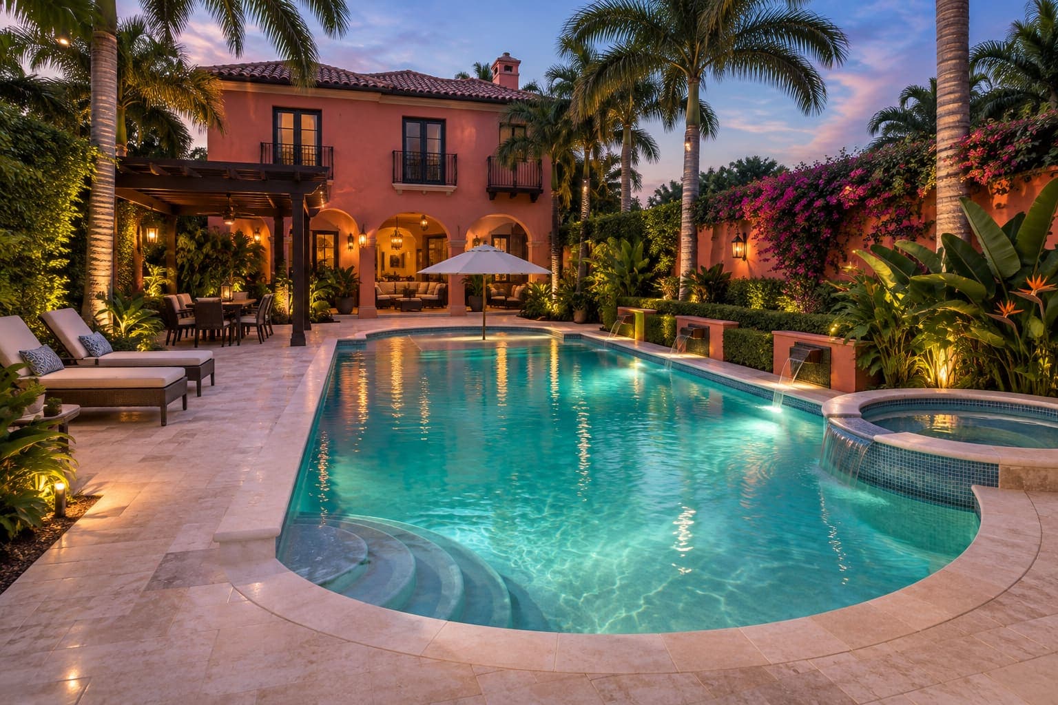 Mediterranean Roman pool at night in Coral Gables: a Spanish and Mediterranean yard in Coral Gables, FL, with a walled backyard with royal palms, bougainvillea on the wall, clipped ficus and low uplights in the planting.