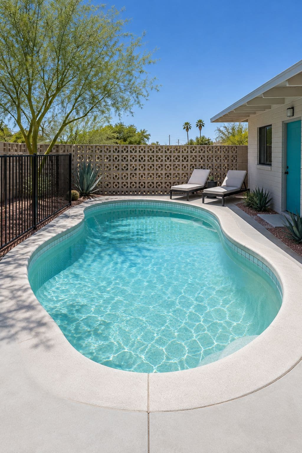 AI concept image of Small mid-century pool on a Tempe infill lot: a kidney-shaped pool.