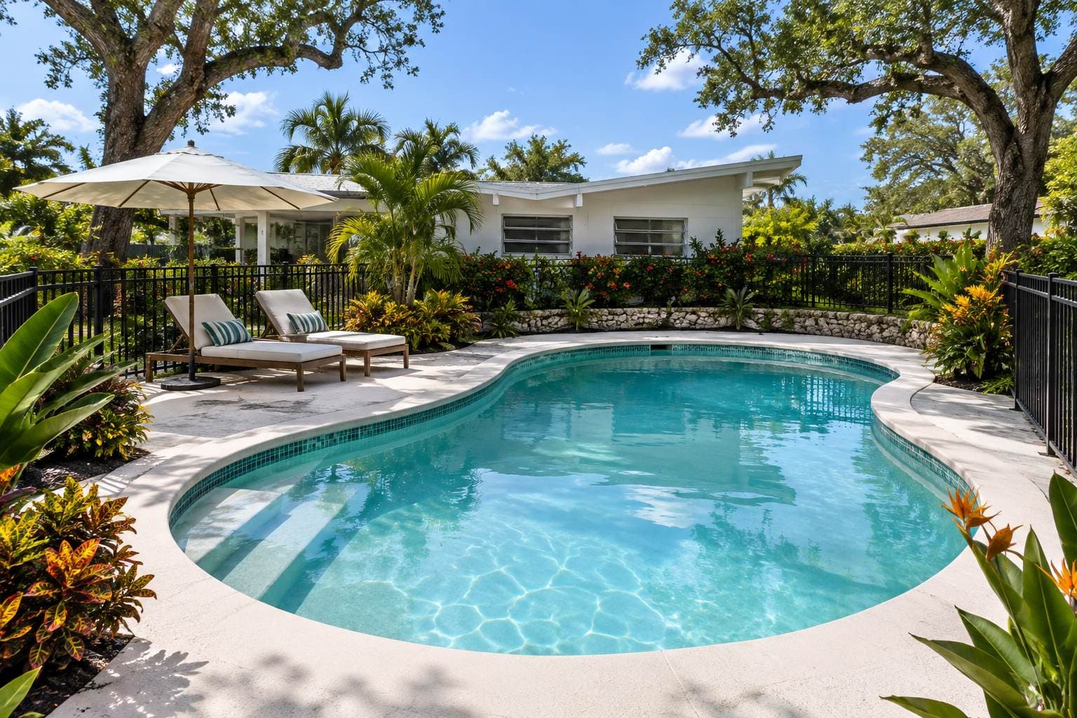 Mid-century kidney pool in a Tampa bungalow neighborhood. AI concept image of Tampa, FL.