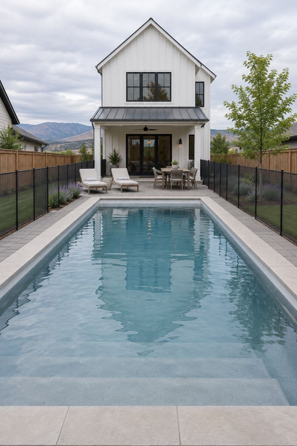 AI concept image of Modern farmhouse pool on a small Boise lot: a rectangular pool.