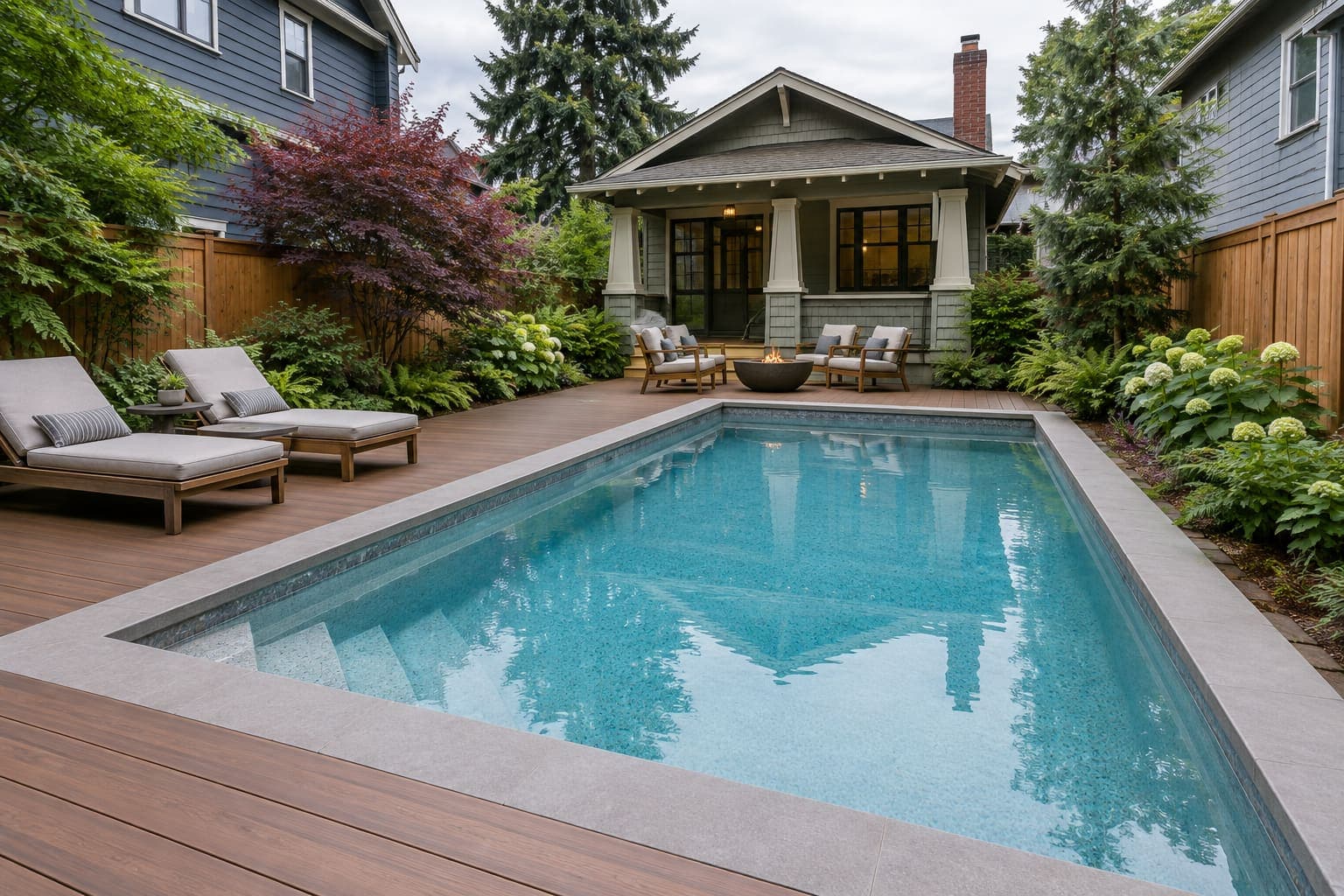 Small backyard pool on a Seattle craftsman lot: a Craftsman yard in Seattle, WA, with a small city lot with Douglas fir and a Japanese maple, ferns, hydrangeas and a tall cedar fence.