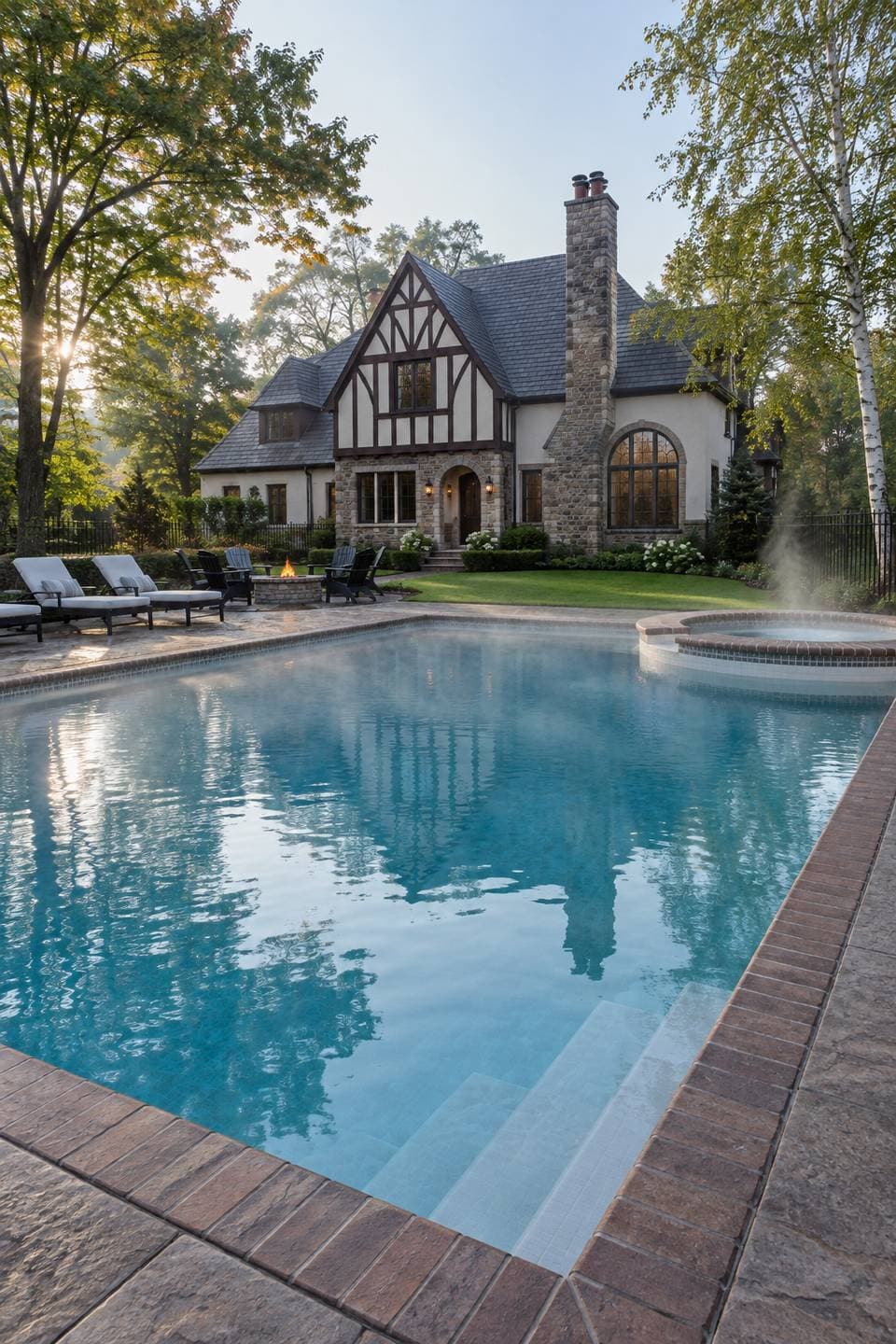 AI concept image of Tudor family pool with a heated hot tub in Edina: a rectangular pool.