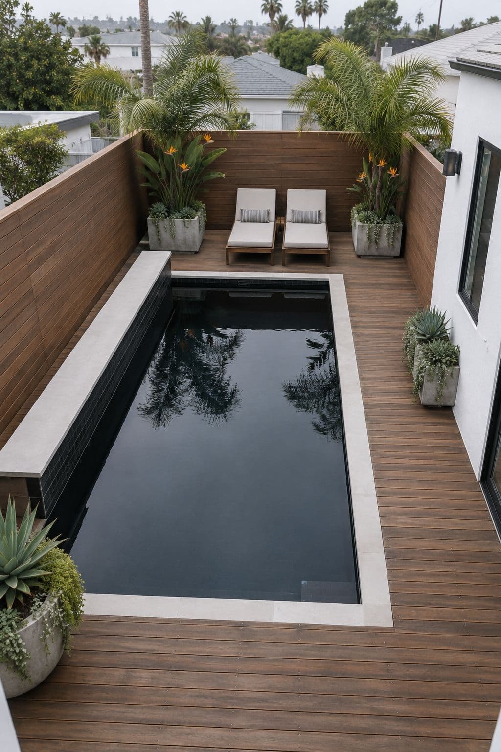 AI concept image of Venice bungalow plunge pool with a seat wall: a rectangular pool.