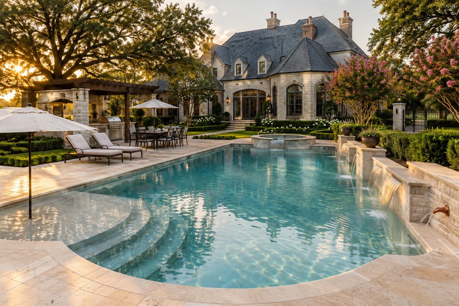 AI concept image: a large freeform pool with rounded ends, not a rectangle, beside a stone house, with a wide shelf, wall fountains, an outdoor kitchen and loungers