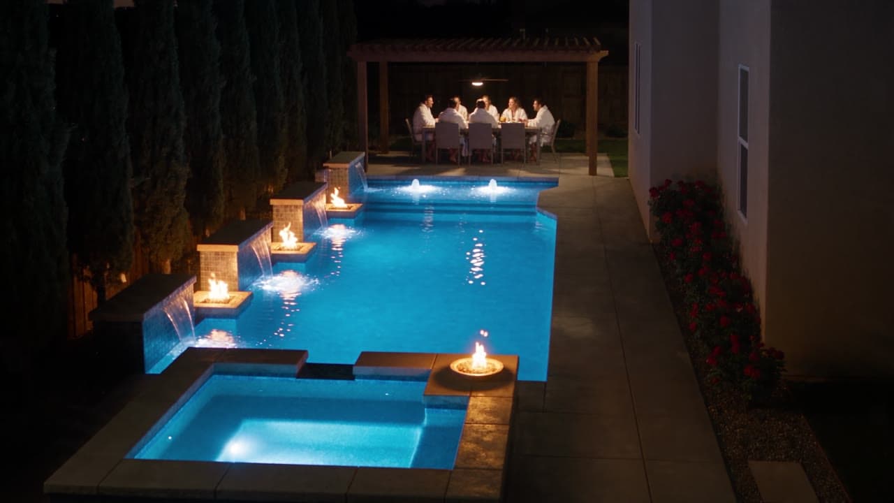 The same yard after dark: the pool lit turquoise, fire bowls burning and a family at the table under the pergola, an AI film frame.