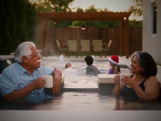 Grandparents in a warm spa toasting with mugs, grandchildren in Santa hats behind them. A moment from the Christmas by the pool Story template.
