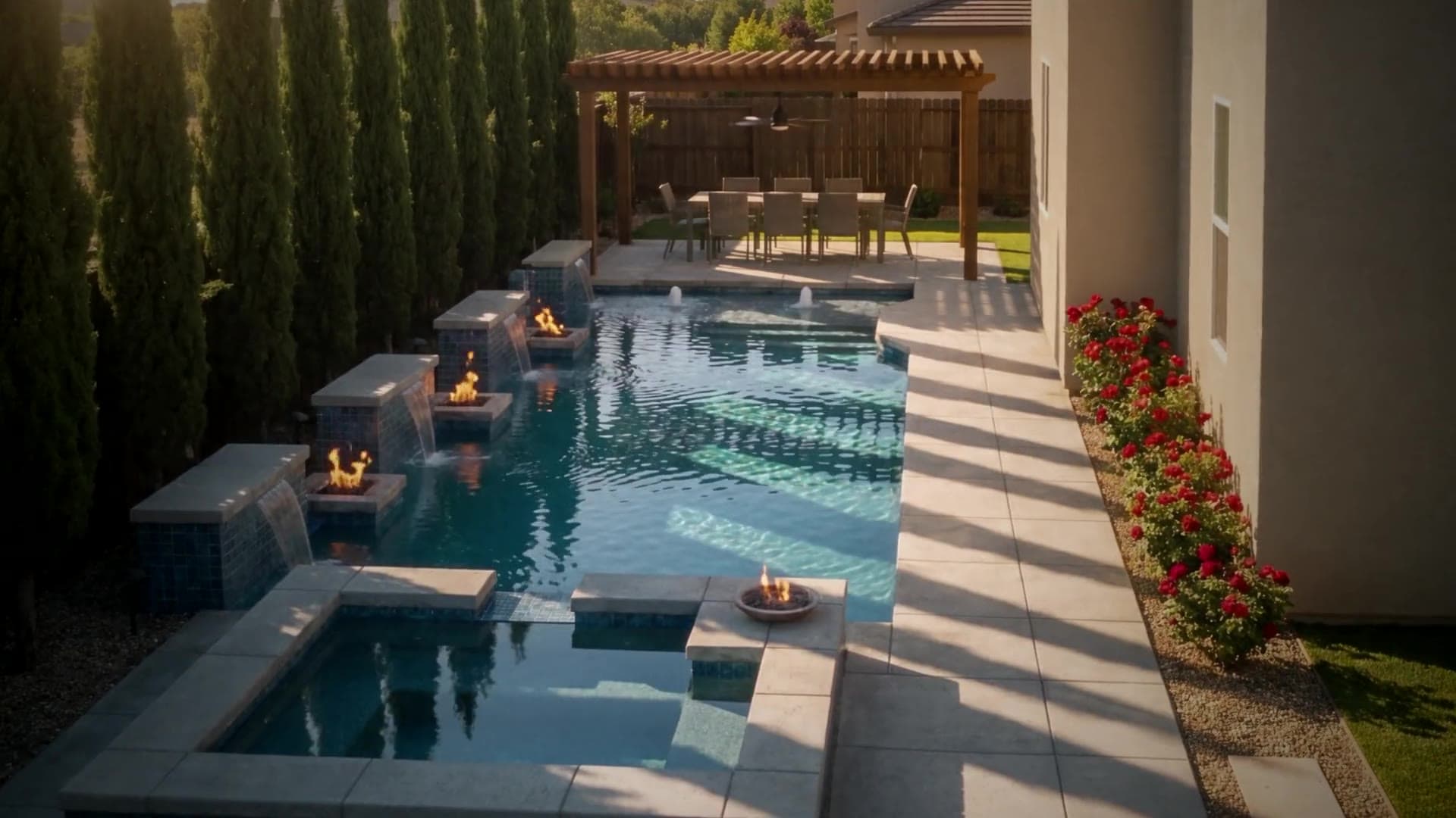 The finished narrow pool in daylight: sheer descents, fire bowls and the pergola beyond. A Story film made from a pool render.