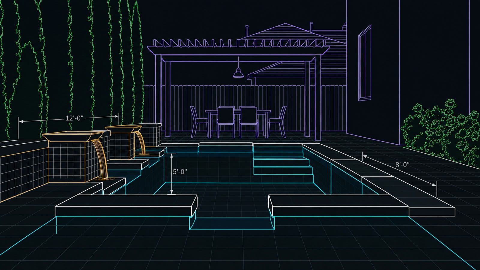 A pool builder's design drawn as coloured lines, filled in as a 3D render, then a light sweep turns it into a video of a mom laughing on the pool edge as her kids jump in. The video is made by AI.