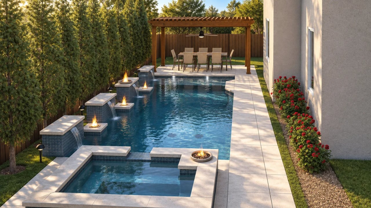 The same narrow pool made photo-real from the same camera angle: real water, stone coping and planting, every feature where the render placed it.