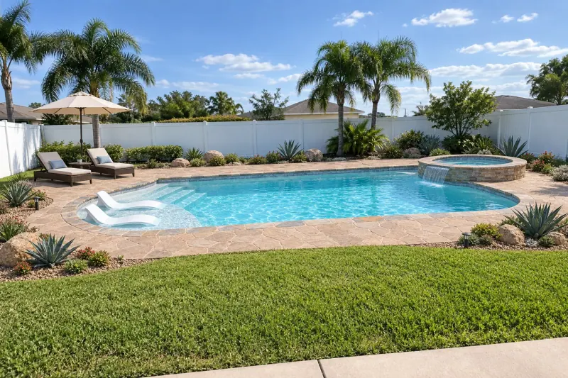 El mismo patio de Florida con una piscina romana, un jacuzzi redondo, camastros y una terraza de laja.