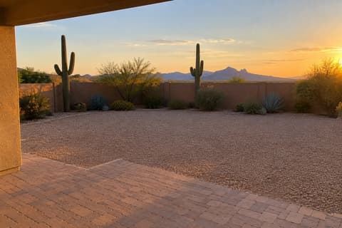 A desert backyard of gravel and pavers with a block wall, cactus and a mountain at golden hour.